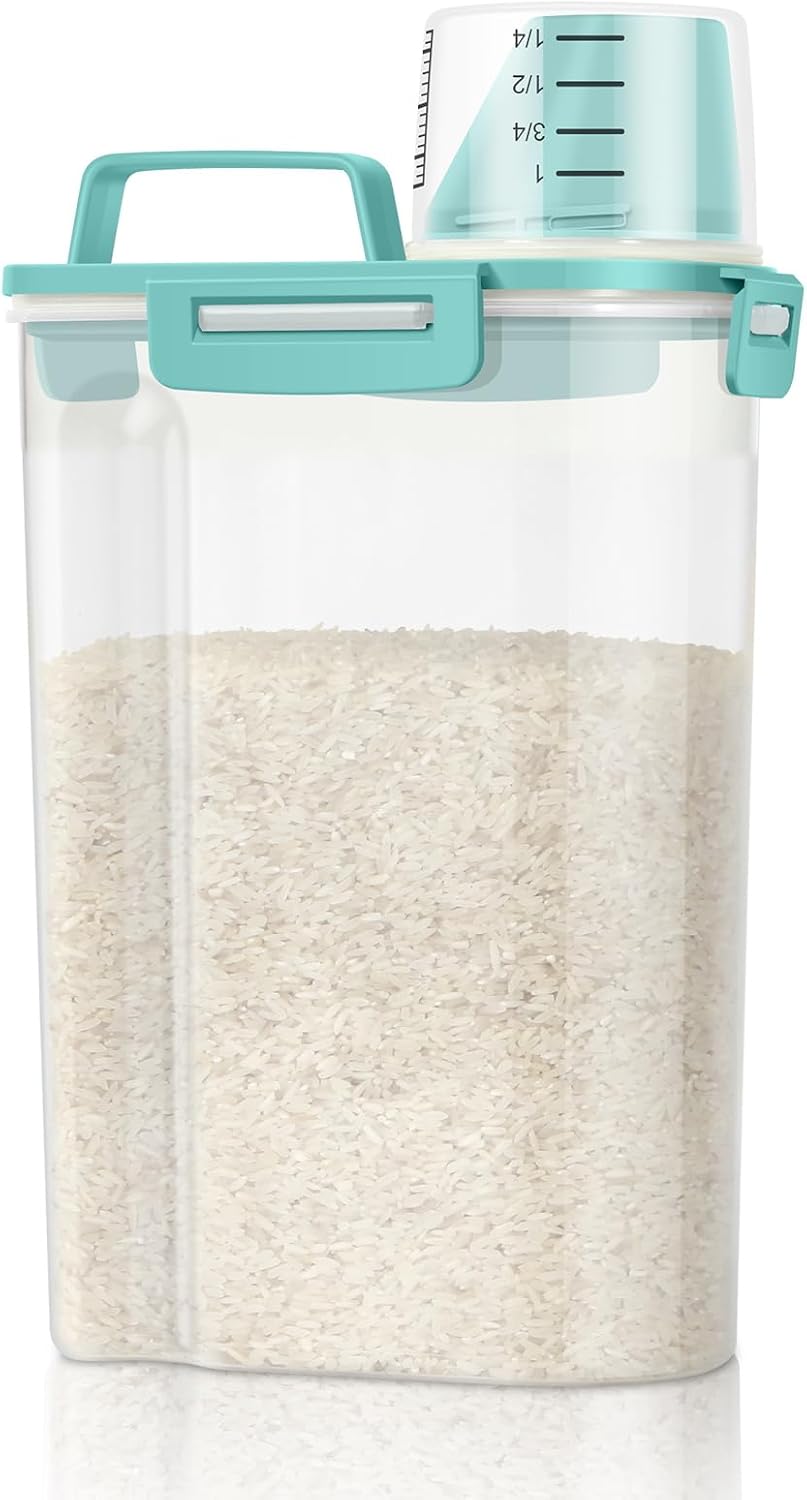 Airtight Rice Container 10 Lbs, Cereal Dispenser, Pet Cat Dog Food Storage Container, Plastic Kitchen Pantry Food Storage Holder with Cup -Dark Grey