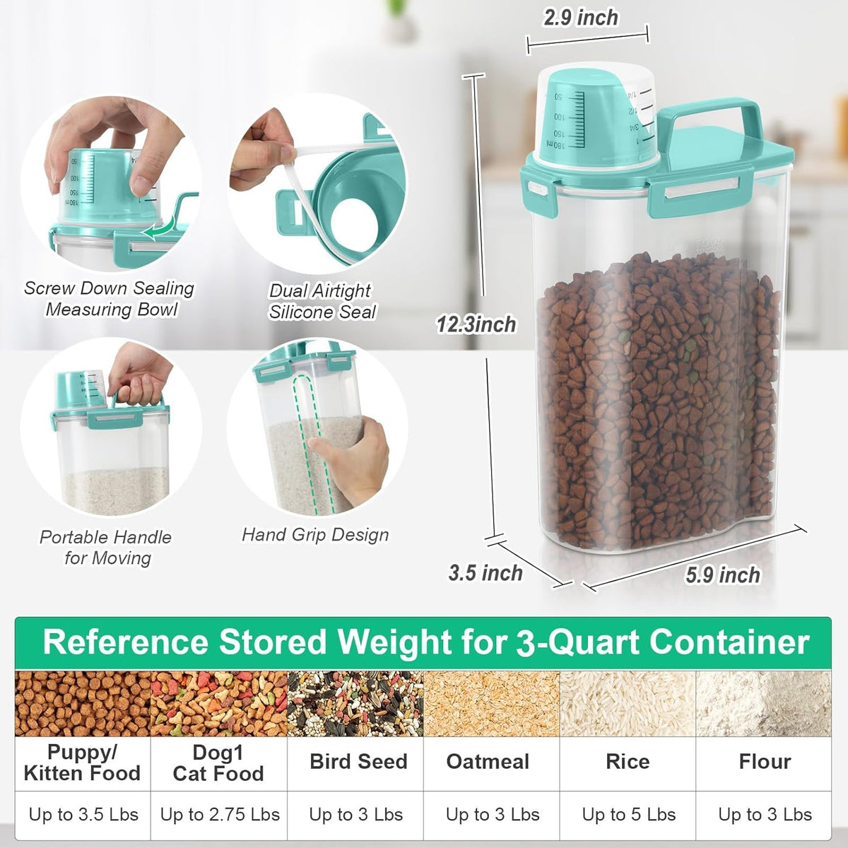Airtight Rice Container 10 Lbs, Cereal Dispenser, Pet Cat Dog Food Storage Container, Plastic Kitchen Pantry Food Storage Holder with Cup -Dark Grey