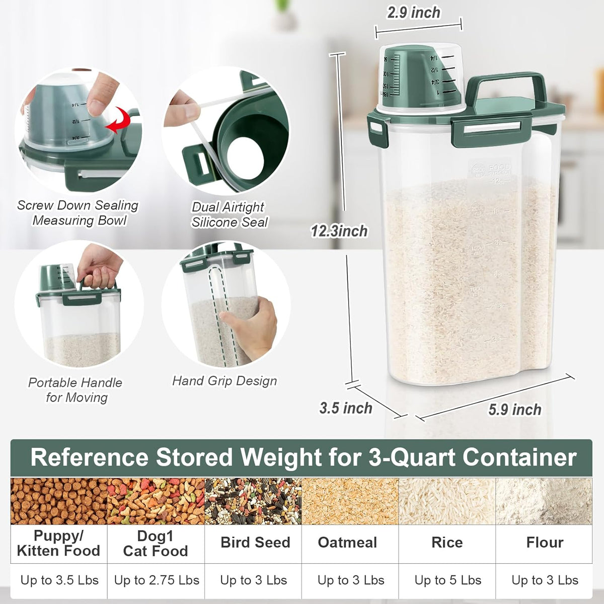 Airtight Rice Container 10 Lbs, Cereal Dispenser, Pet Cat Dog Food Storage Container, Plastic Kitchen Pantry Food Storage Holder with Cup -Dark Grey