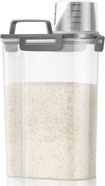 Airtight Rice Container 10 Lbs, Cereal Dispenser, Pet Cat Dog Food Storage Container, Plastic Kitchen Pantry Food Storage Holder with Cup -Dark Grey
