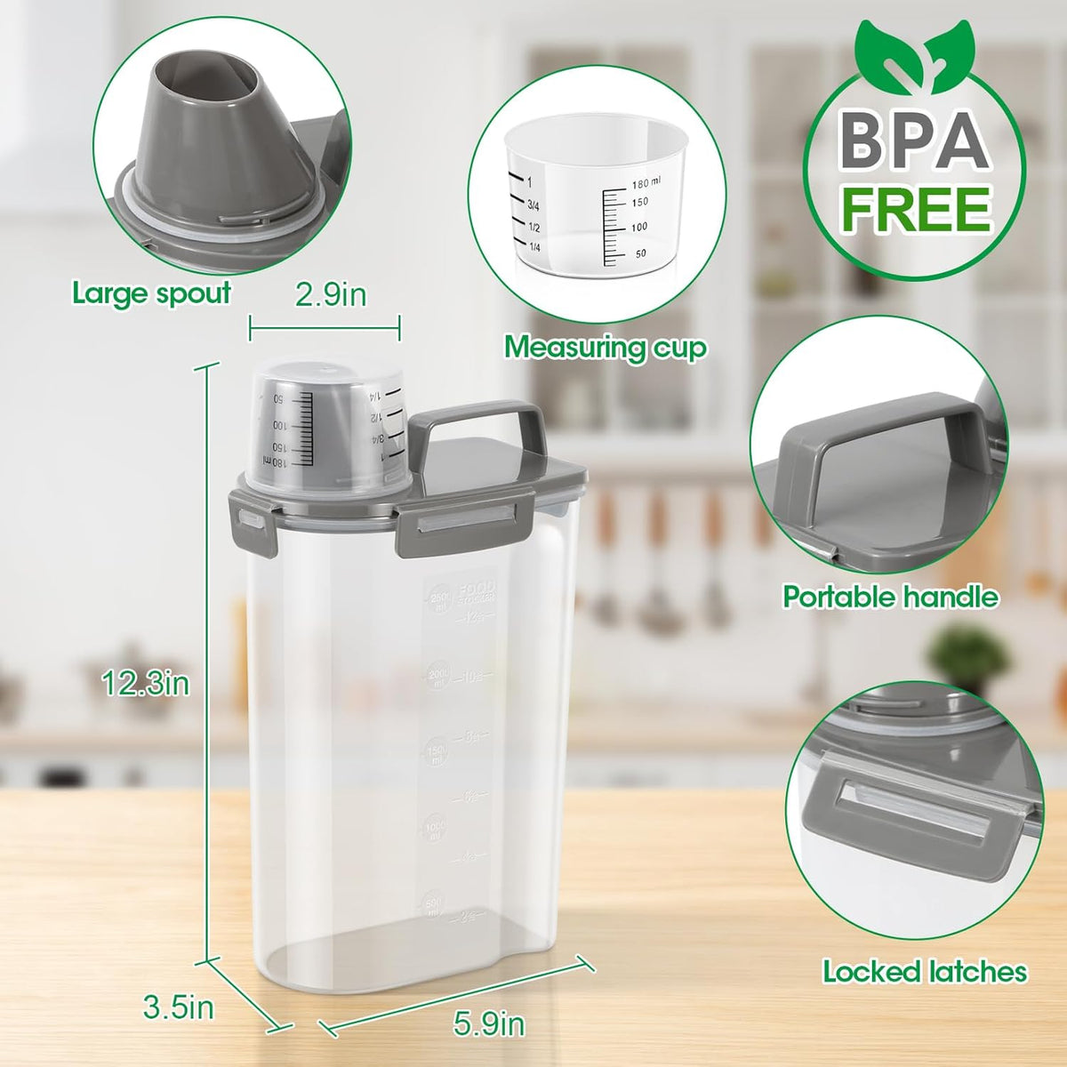 Airtight Rice Container 10 Lbs, Cereal Dispenser, Pet Cat Dog Food Storage Container, Plastic Kitchen Pantry Food Storage Holder with Cup -Dark Grey