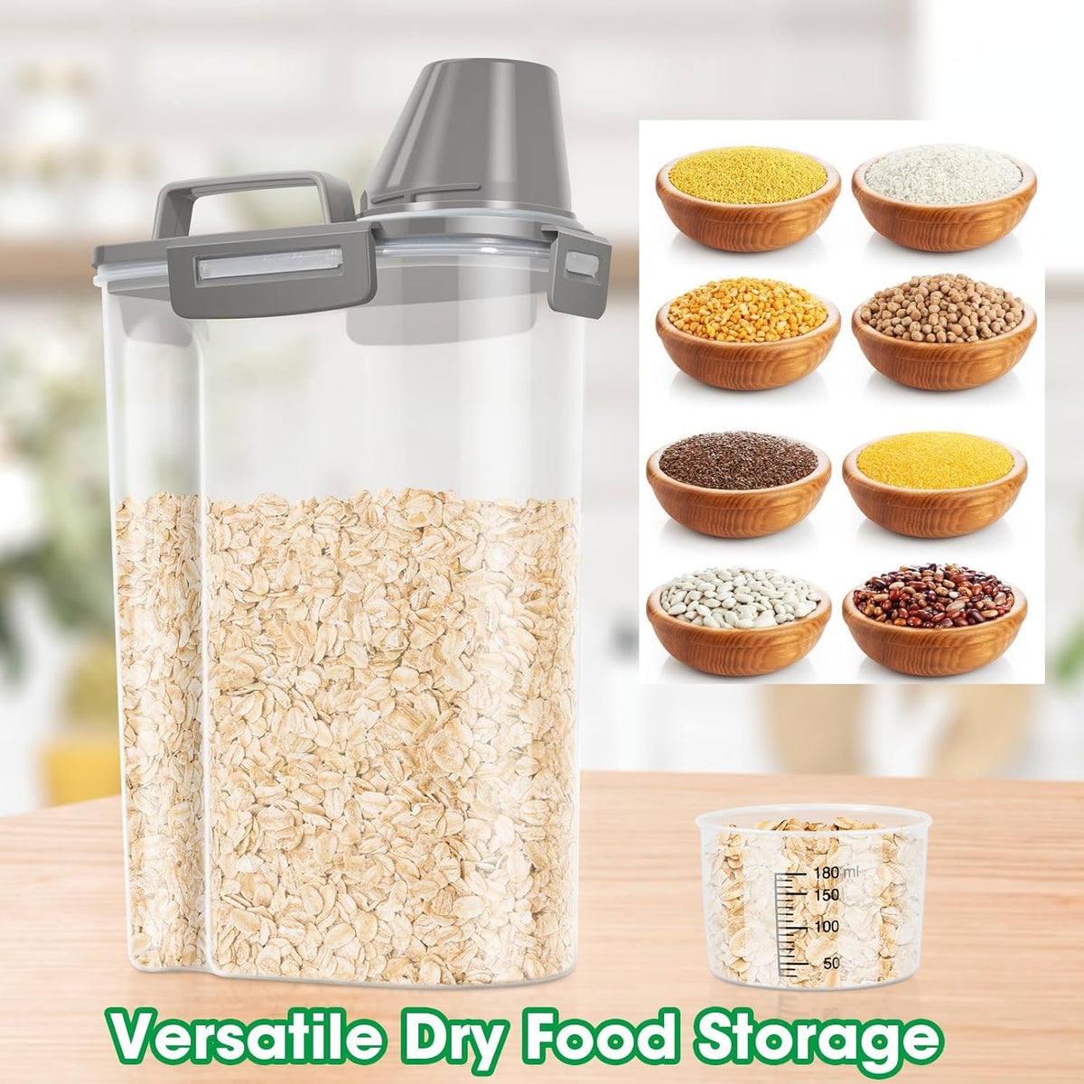 Airtight Rice Container 10 Lbs, Cereal Dispenser, Pet Cat Dog Food Storage Container, Plastic Kitchen Pantry Food Storage Holder with Cup -Dark Grey