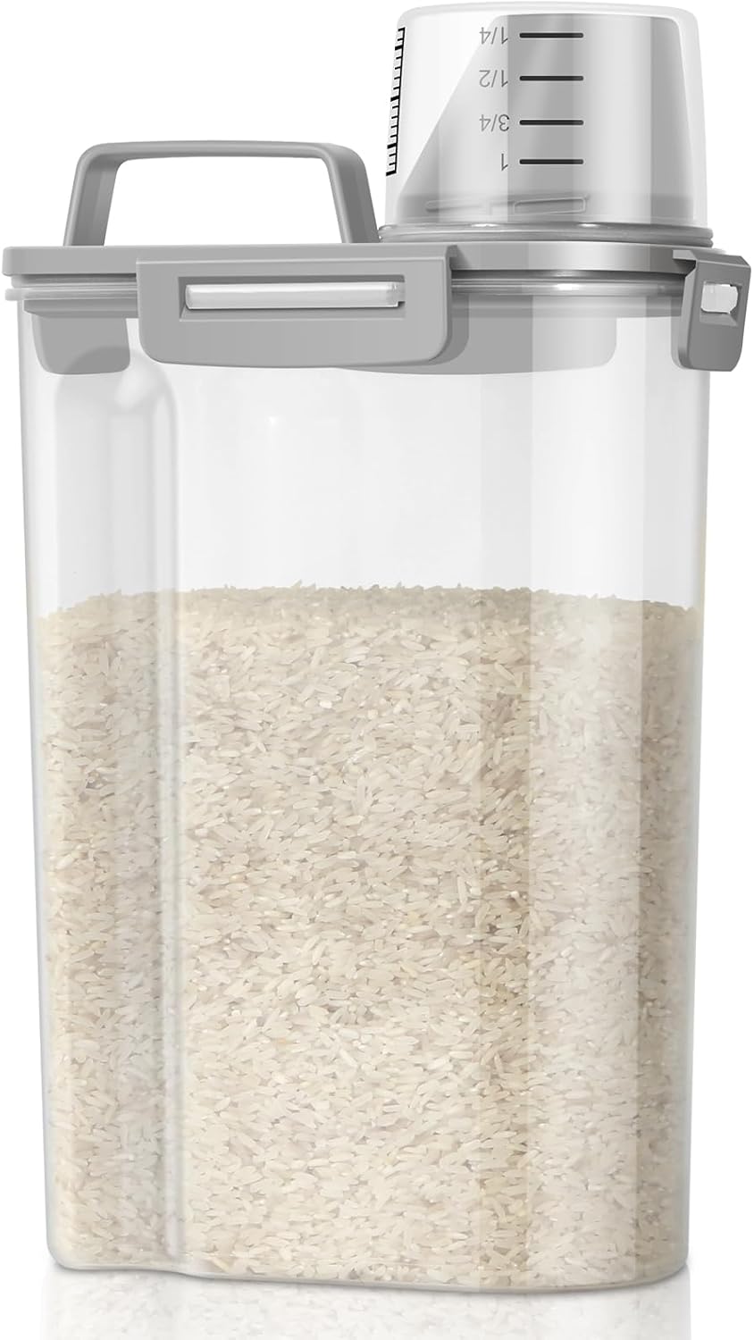 Airtight Rice Container 10 Lbs, Cereal Dispenser, Pet Cat Dog Food Storage Container, Plastic Kitchen Pantry Food Storage Holder with Cup -Dark Grey