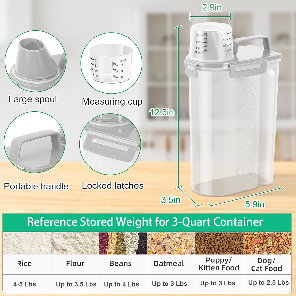 Airtight Rice Container 10 Lbs, Cereal Dispenser, Pet Cat Dog Food Storage Container, Plastic Kitchen Pantry Food Storage Holder with Cup -Dark Grey