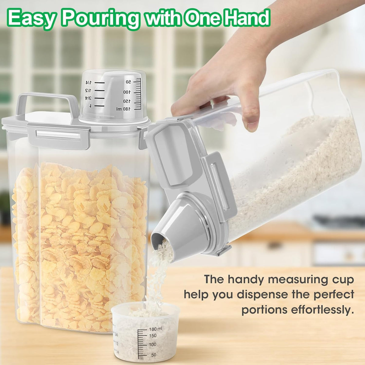 Airtight Rice Container 10 Lbs, Cereal Dispenser, Pet Cat Dog Food Storage Container, Plastic Kitchen Pantry Food Storage Holder with Cup -Dark Grey