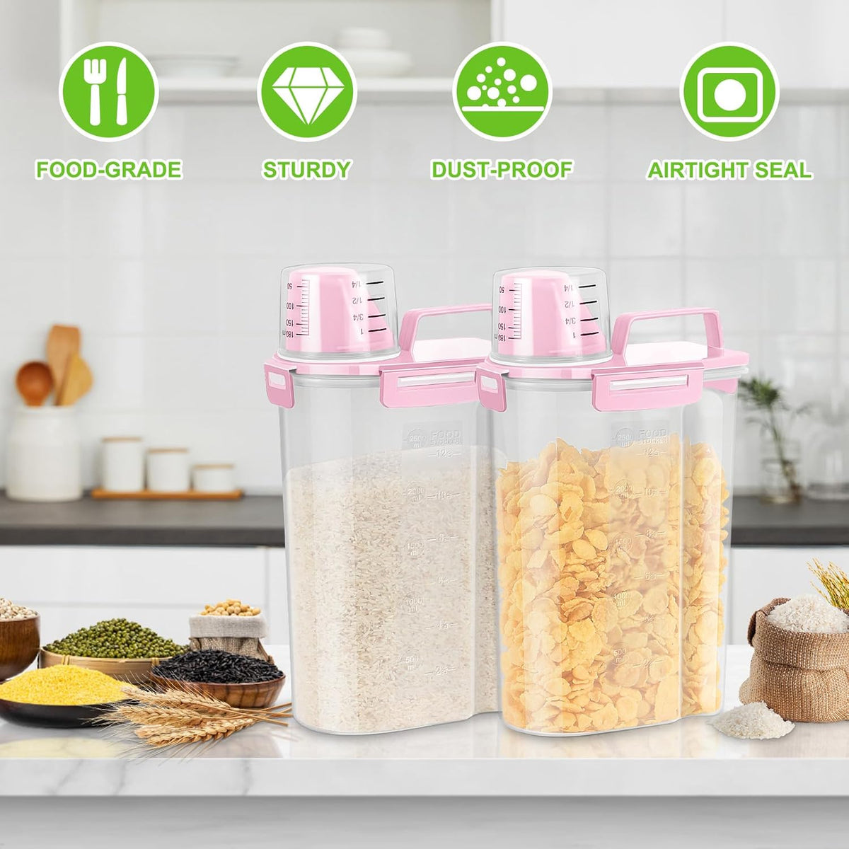 Airtight Rice Container 10 Lbs, Cereal Dispenser, Pet Cat Dog Food Storage Container, Plastic Kitchen Pantry Food Storage Holder with Cup -Dark Grey