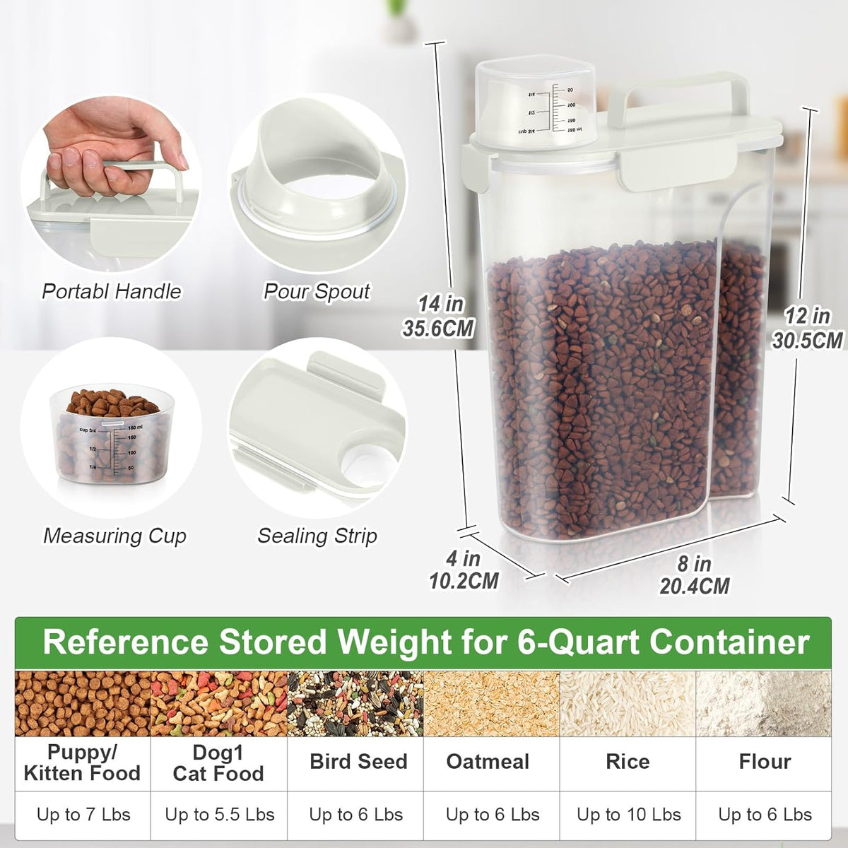 Airtight Rice Container 10 Lbs, Cereal Dispenser, Pet Cat Dog Food Storage Container, Plastic Kitchen Pantry Food Storage Holder with Cup -Dark Grey