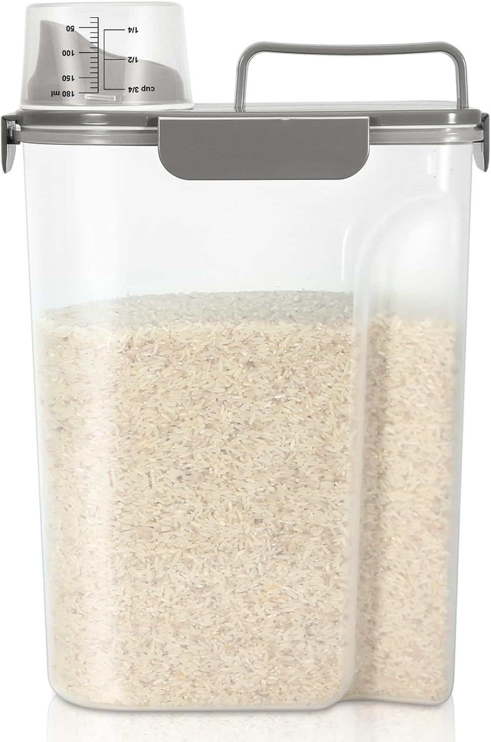 Airtight Rice Container 10 Lbs, Cereal Dispenser, Pet Cat Dog Food Storage Container, Plastic Kitchen Pantry Food Storage Holder with Cup -Dark Grey