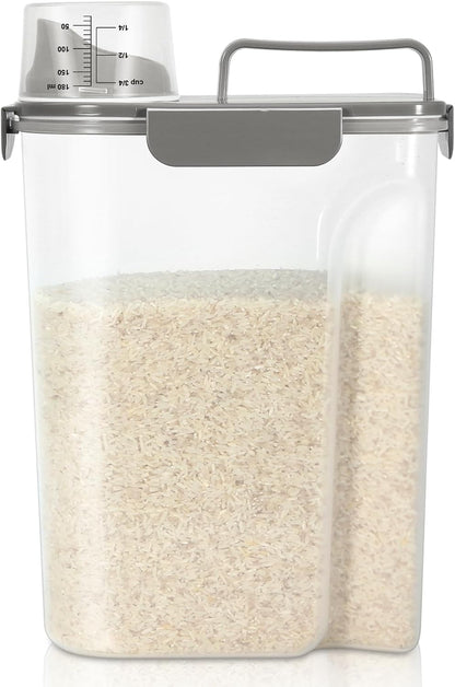 Airtight Rice Container 10 Lbs, Cereal Dispenser, Pet Cat Dog Food Storage Container, Plastic Kitchen Pantry Food Storage Holder with Cup -Dark Grey
