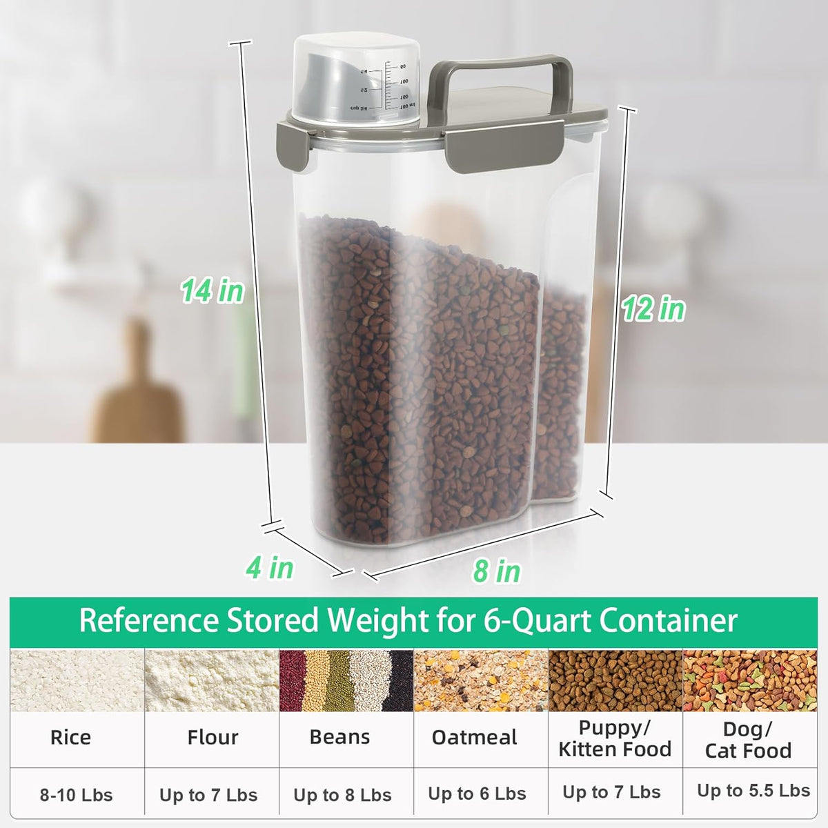 Airtight Rice Container 10 Lbs, Cereal Dispenser, Pet Cat Dog Food Storage Container, Plastic Kitchen Pantry Food Storage Holder with Cup -Dark Grey