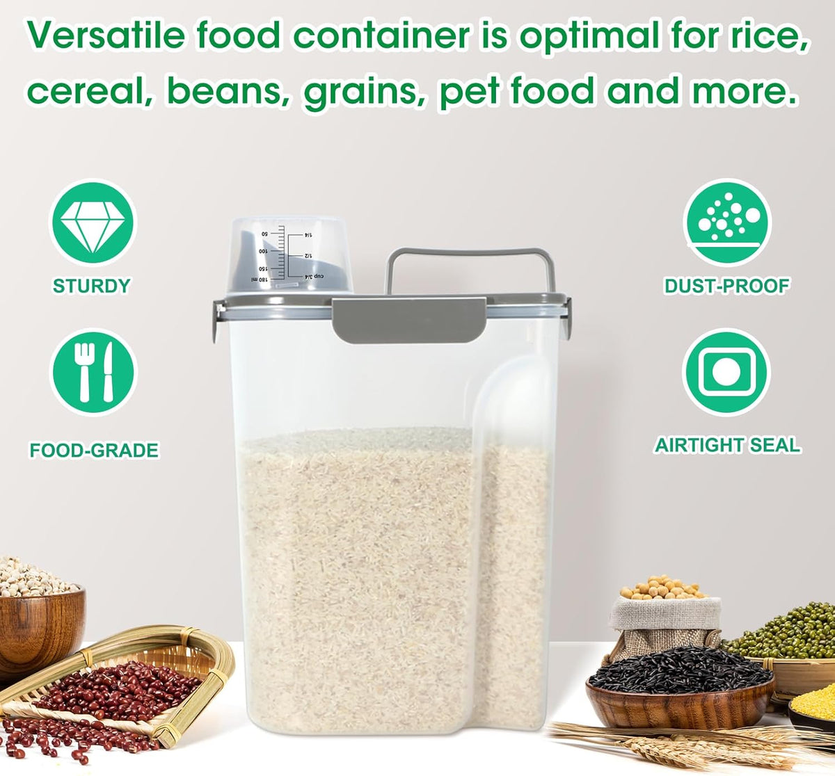 Airtight Rice Container 10 Lbs, Cereal Dispenser, Pet Cat Dog Food Storage Container, Plastic Kitchen Pantry Food Storage Holder with Cup -Dark Grey