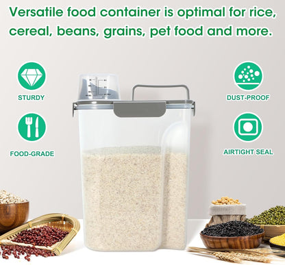 Airtight Rice Container 10 Lbs, Cereal Dispenser, Pet Cat Dog Food Storage Container, Plastic Kitchen Pantry Food Storage Holder with Cup -Dark Grey
