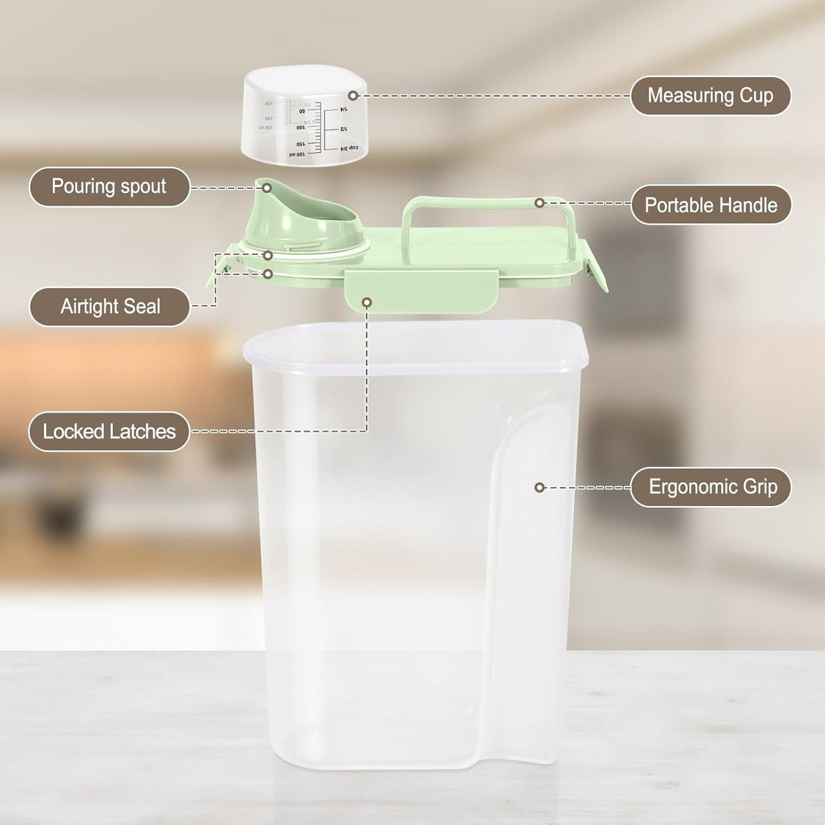 Airtight Rice Container 10 Lbs, Cereal Dispenser, Pet Cat Dog Food Storage Container, Plastic Kitchen Pantry Food Storage Holder with Cup -Dark Grey