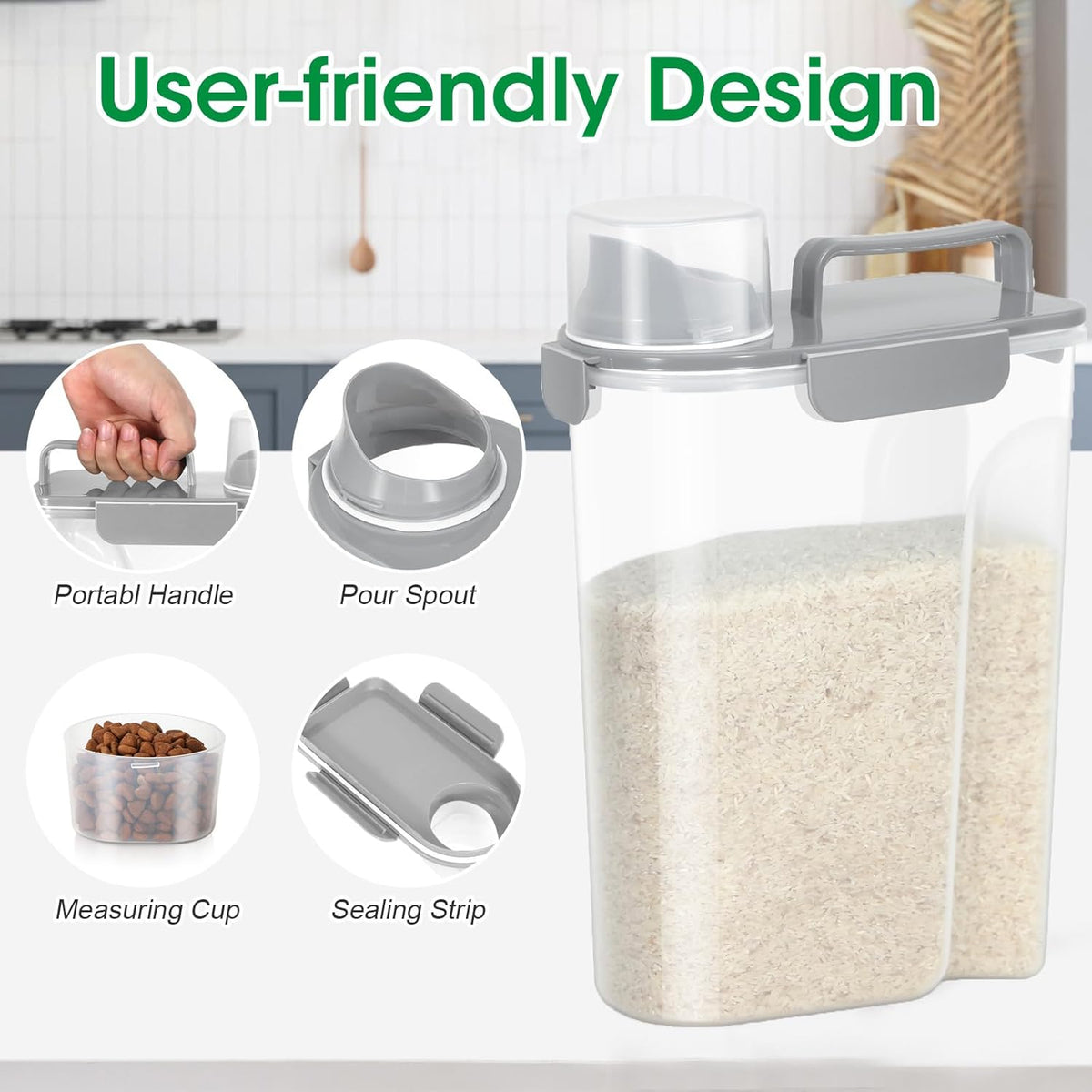 Airtight Rice Container 10 Lbs, Cereal Dispenser, Pet Cat Dog Food Storage Container, Plastic Kitchen Pantry Food Storage Holder with Cup -Dark Grey