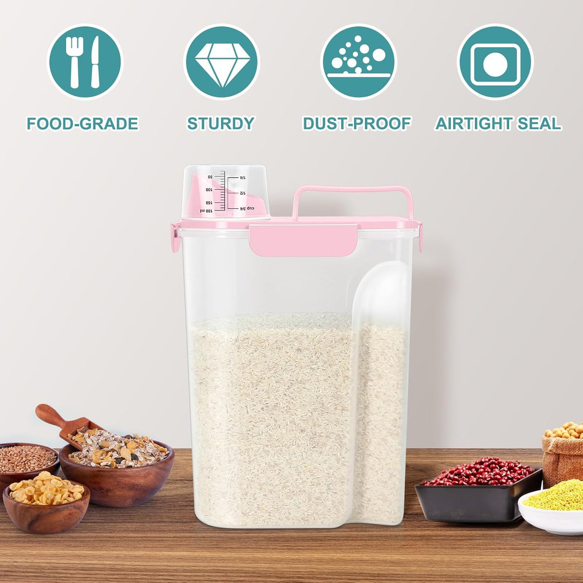 Airtight Rice Container 10 Lbs, Cereal Dispenser, Pet Cat Dog Food Storage Container, Plastic Kitchen Pantry Food Storage Holder with Cup -Dark Grey