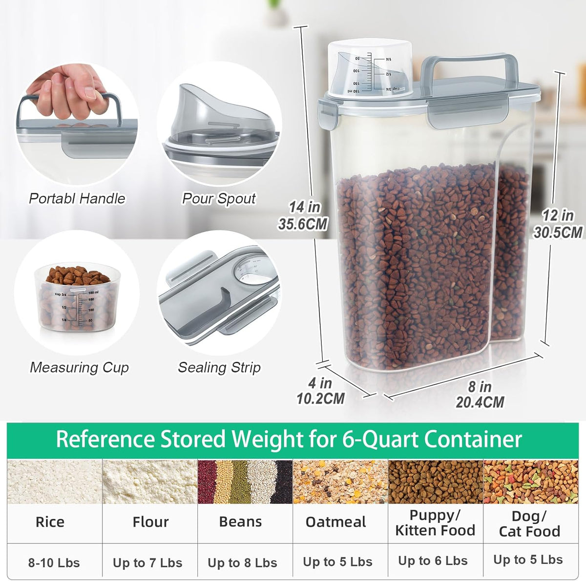 Airtight Rice Container 10 Lbs, Cereal Dispenser, Pet Cat Dog Food Storage Container, Plastic Kitchen Pantry Food Storage Holder with Cup -Dark Grey