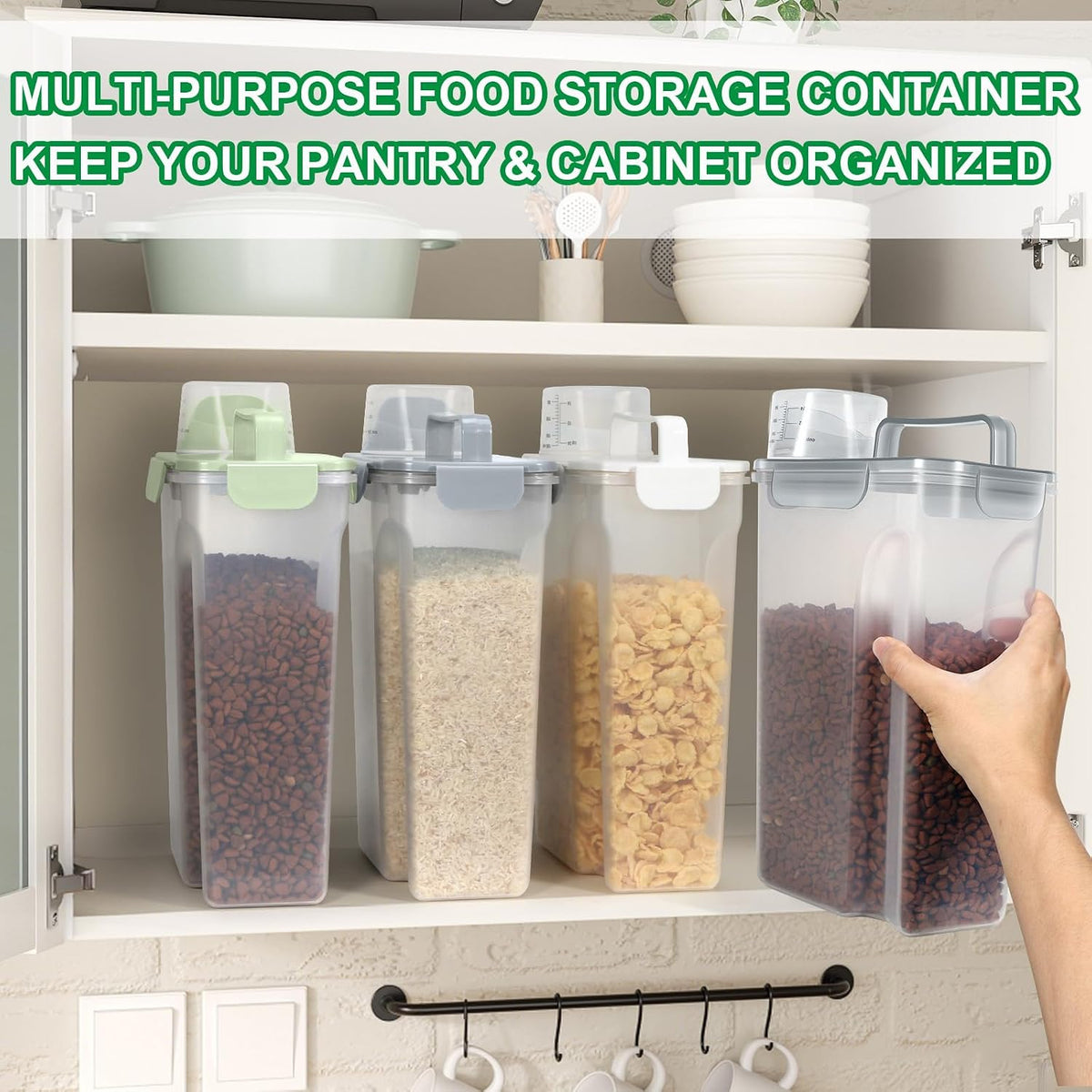 Airtight Rice Container 10 Lbs, Cereal Dispenser, Pet Cat Dog Food Storage Container, Plastic Kitchen Pantry Food Storage Holder with Cup -Dark Grey