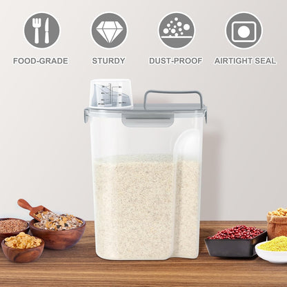 Airtight Rice Container 10 Lbs, Cereal Dispenser, Pet Cat Dog Food Storage Container, Plastic Kitchen Pantry Food Storage Holder with Cup -Dark Grey