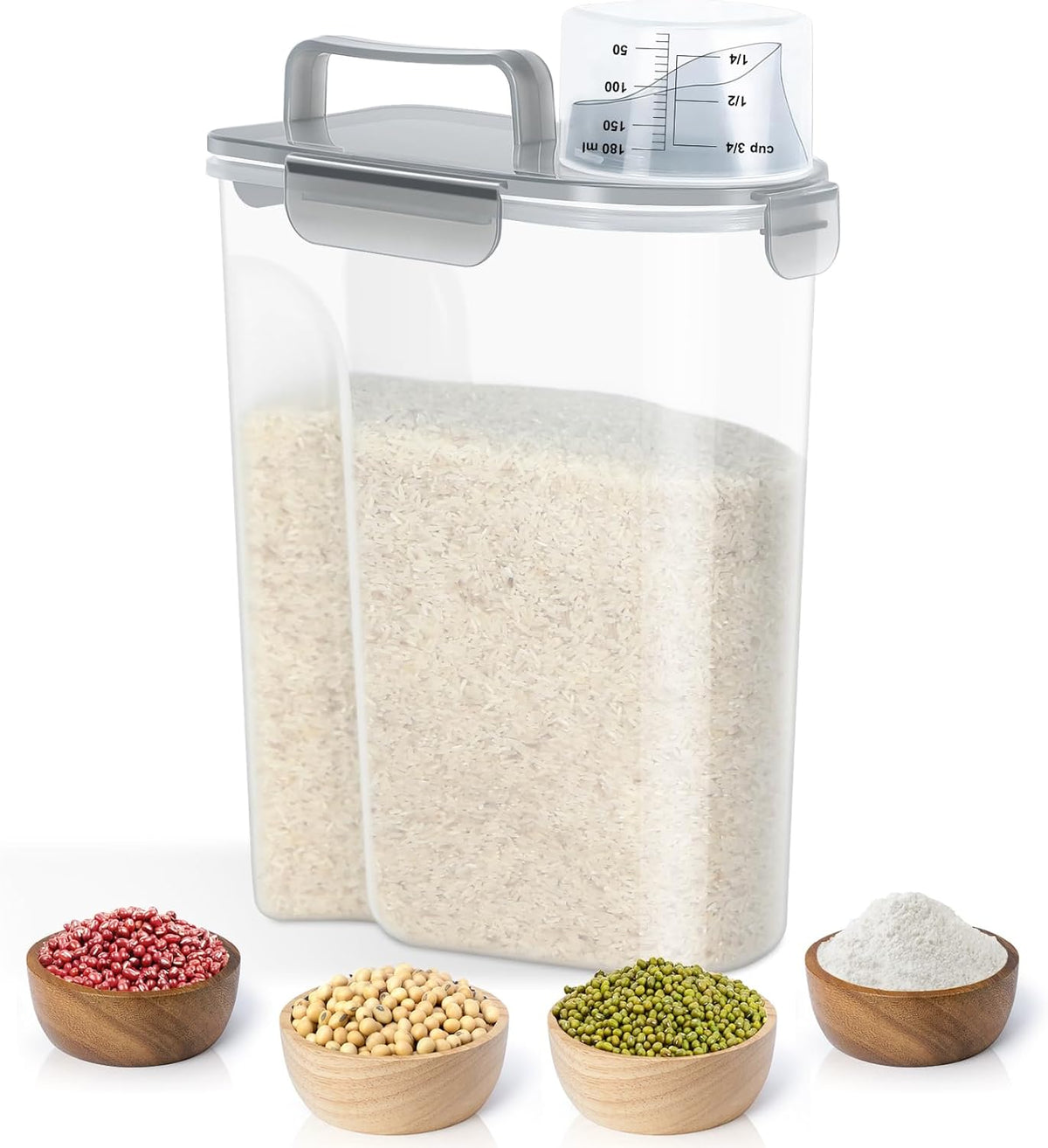 Airtight Rice Container 10 Lbs, Cereal Dispenser, Pet Cat Dog Food Storage Container, Plastic Kitchen Pantry Food Storage Holder with Cup -Dark Grey