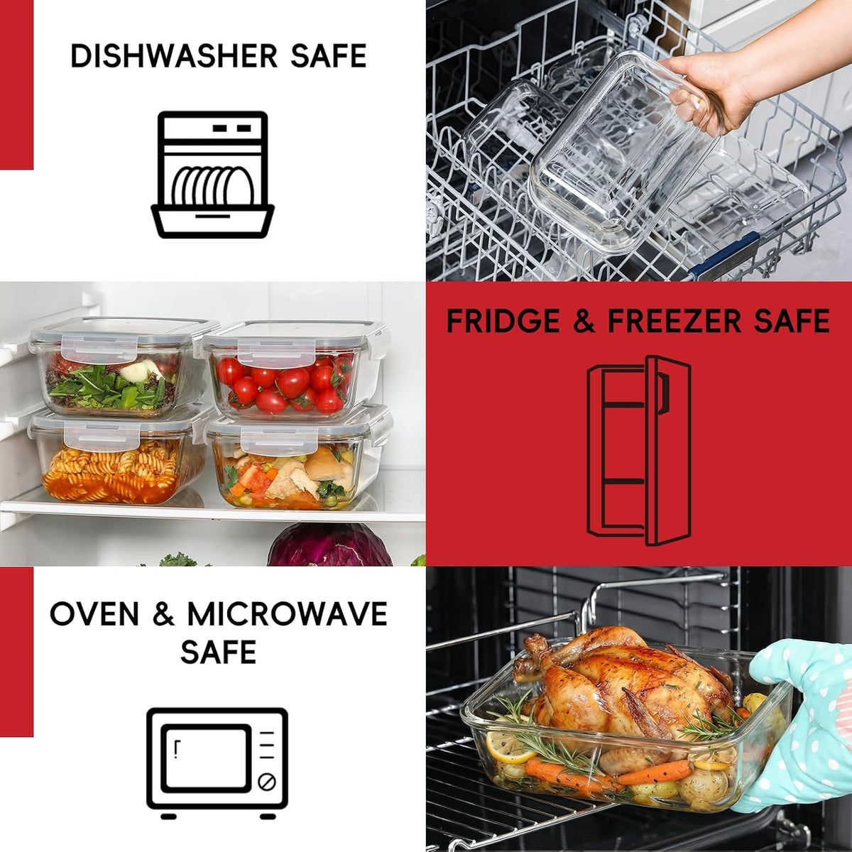 4 Pack 8 Cups/ 63oz Large Glass Storage Containers with Lids, Meal Prep Containers, Glass Food Storage with Airtight Lid for Baking, Leak Proof & Microwave, Oven Safe (4 Containers + 4 Lids)