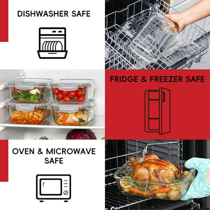 4 Pack 8 Cups/ 63oz Large Glass Storage Containers with Lids, Meal Prep Containers, Glass Food Storage with Airtight Lid for Baking, Leak Proof & Microwave, Oven Safe (4 Containers + 4 Lids)