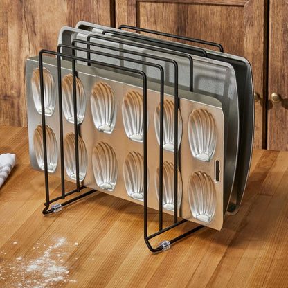 Large Metal Wire Organizer Rack for Kitchen Cabinet, Pantry, Shelves - Holder with 8 Slots for Baking Sheets, Skillets, Frying Pans, Pots, Lids, Cutting Boards, and Appliances - Black