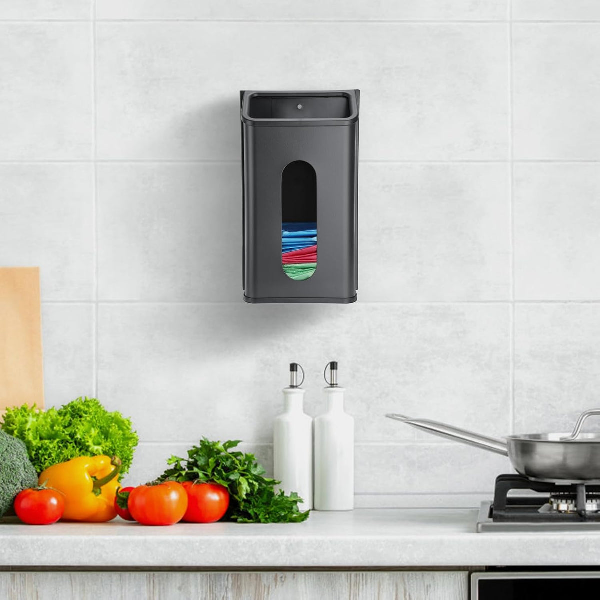 Grocery Bag Dispenser Wall Mount Stainless Steel Bag Dispenser for Plastic Bags Sturdy Grocery Bag Holder with Screws Adhesives Decorative Plastic Bag Holder for Kitchen Pantry Cabinet