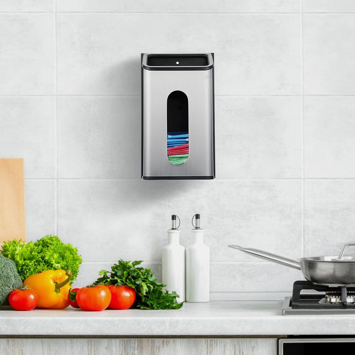 Grocery Bag Dispenser Wall Mount Stainless Steel Bag Dispenser for Plastic Bags Sturdy Grocery Bag Holder with Screws Adhesives Decorative Plastic Bag Holder for Kitchen Pantry Cabinet