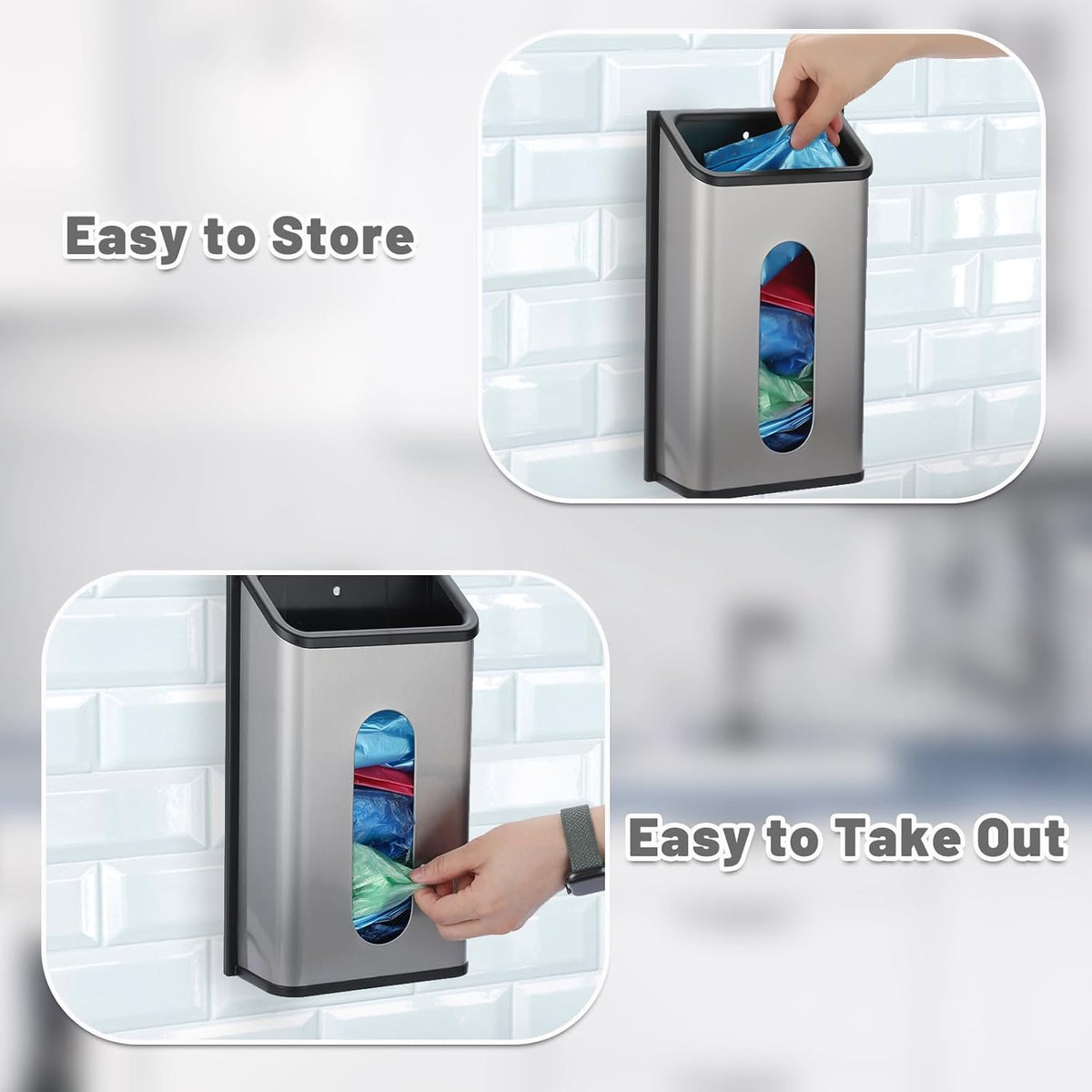 Grocery Bag Dispenser Wall Mount Stainless Steel Bag Dispenser for Plastic Bags Sturdy Grocery Bag Holder with Screws Adhesives Decorative Plastic Bag Holder for Kitchen Pantry Cabinet