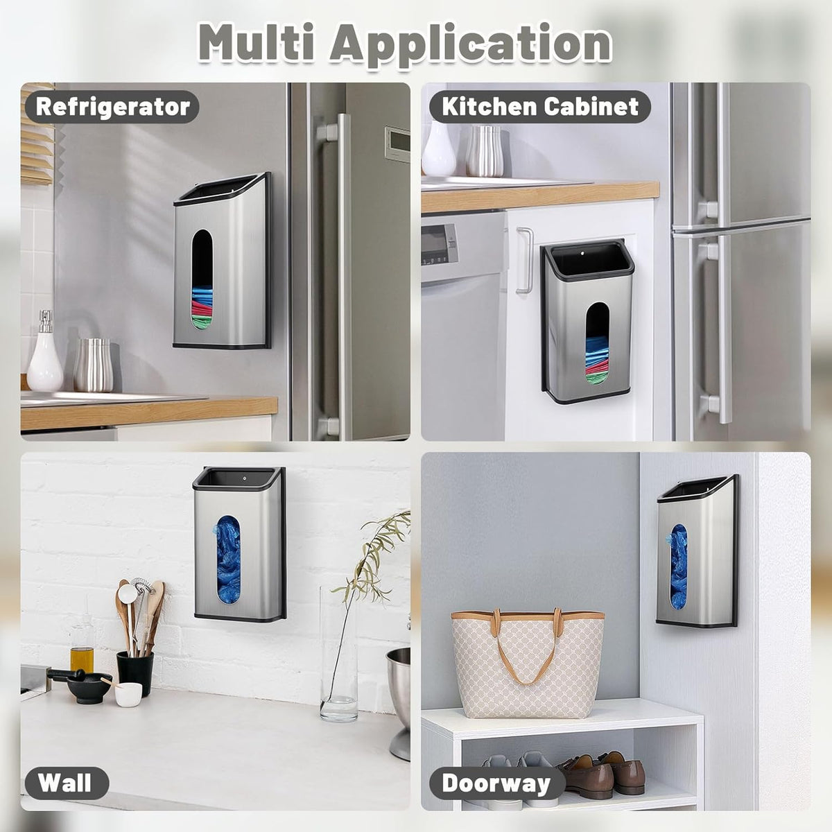 Grocery Bag Dispenser Wall Mount Stainless Steel Bag Dispenser for Plastic Bags Sturdy Grocery Bag Holder with Screws Adhesives Decorative Plastic Bag Holder for Kitchen Pantry Cabinet