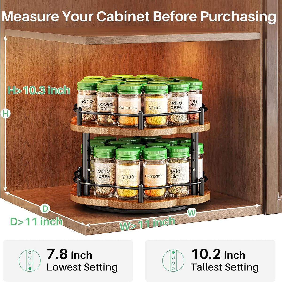 2-Tier Lazy Susan Spice Rack Organizer for Cabinet, Wood, 10 in | Petal-Inspired Design, Height Adjustable, Easy Access to Every Spice, Rotating Seasoning Turntable for Countertop & Pantry