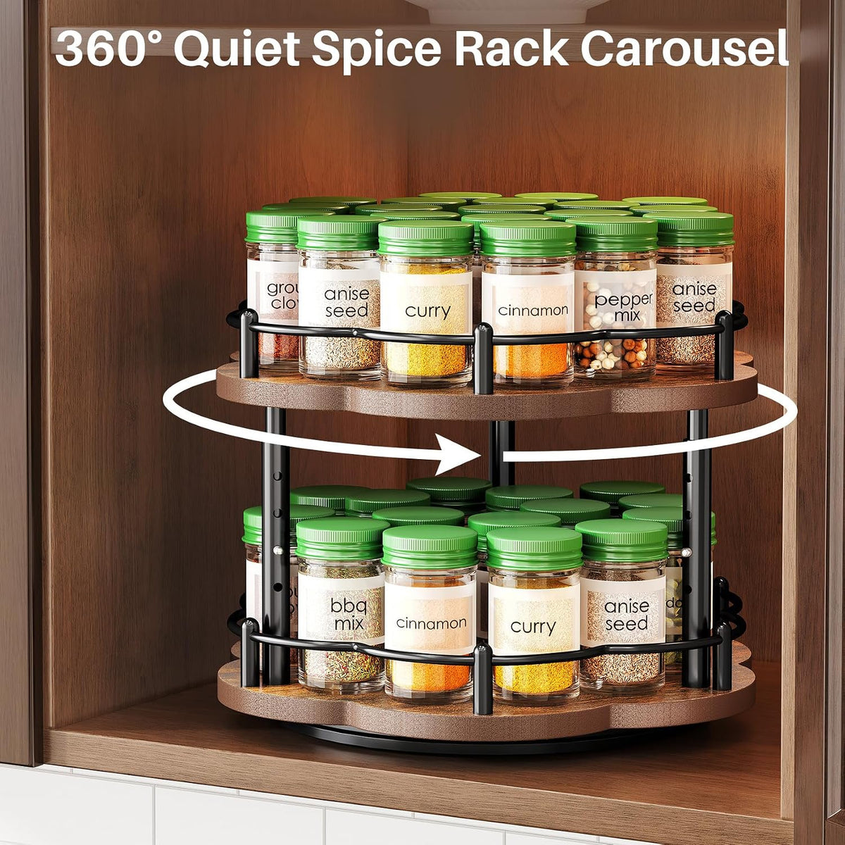 2-Tier Lazy Susan Spice Rack Organizer for Cabinet, Wood, 10 in | Petal-Inspired Design, Height Adjustable, Easy Access to Every Spice, Rotating Seasoning Turntable for Countertop & Pantry