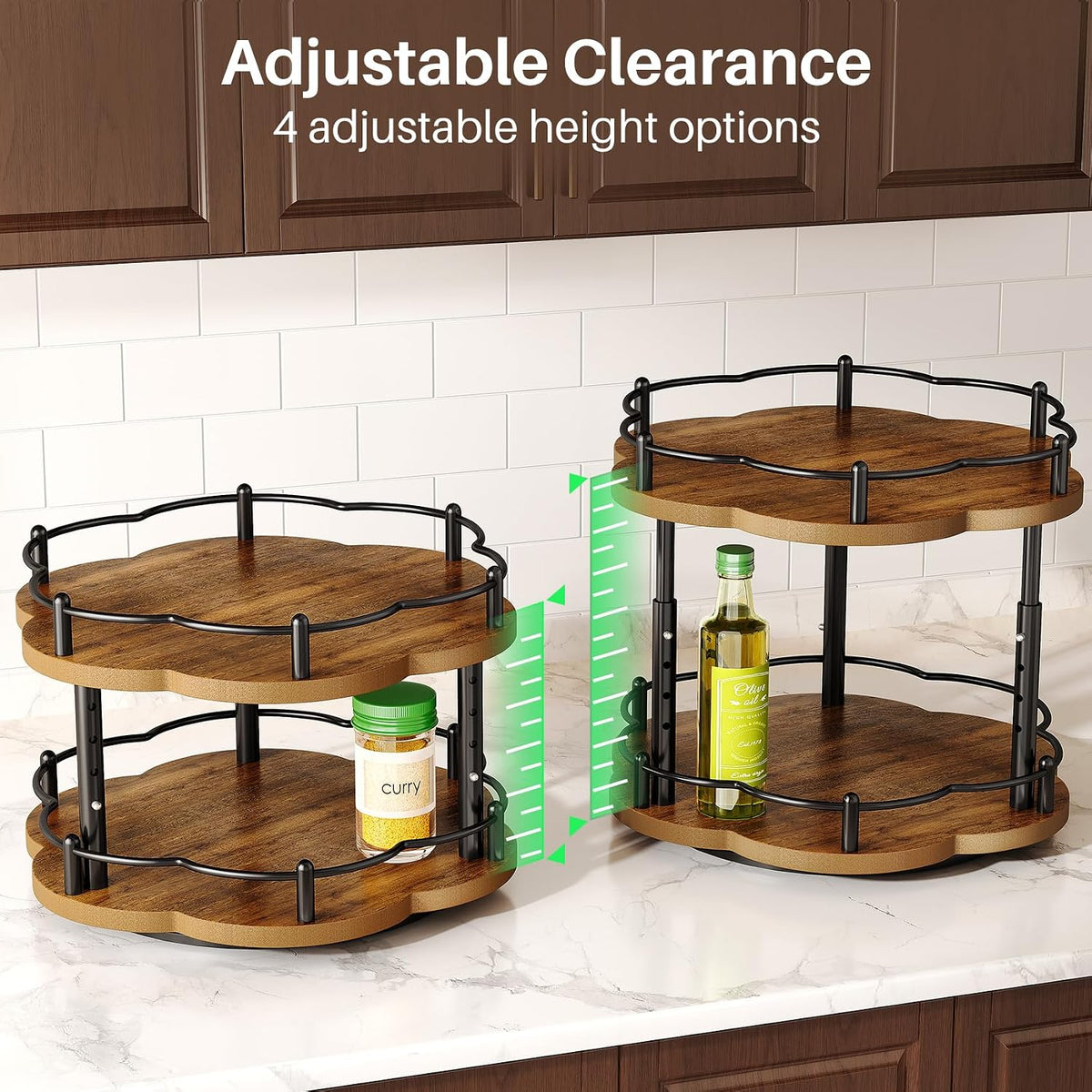 2-Tier Lazy Susan Spice Rack Organizer for Cabinet, Wood, 10 in | Petal-Inspired Design, Height Adjustable, Easy Access to Every Spice, Rotating Seasoning Turntable for Countertop & Pantry