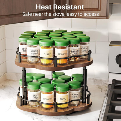 2-Tier Lazy Susan Spice Rack Organizer for Cabinet, Wood, 10 in | Petal-Inspired Design, Height Adjustable, Easy Access to Every Spice, Rotating Seasoning Turntable for Countertop & Pantry
