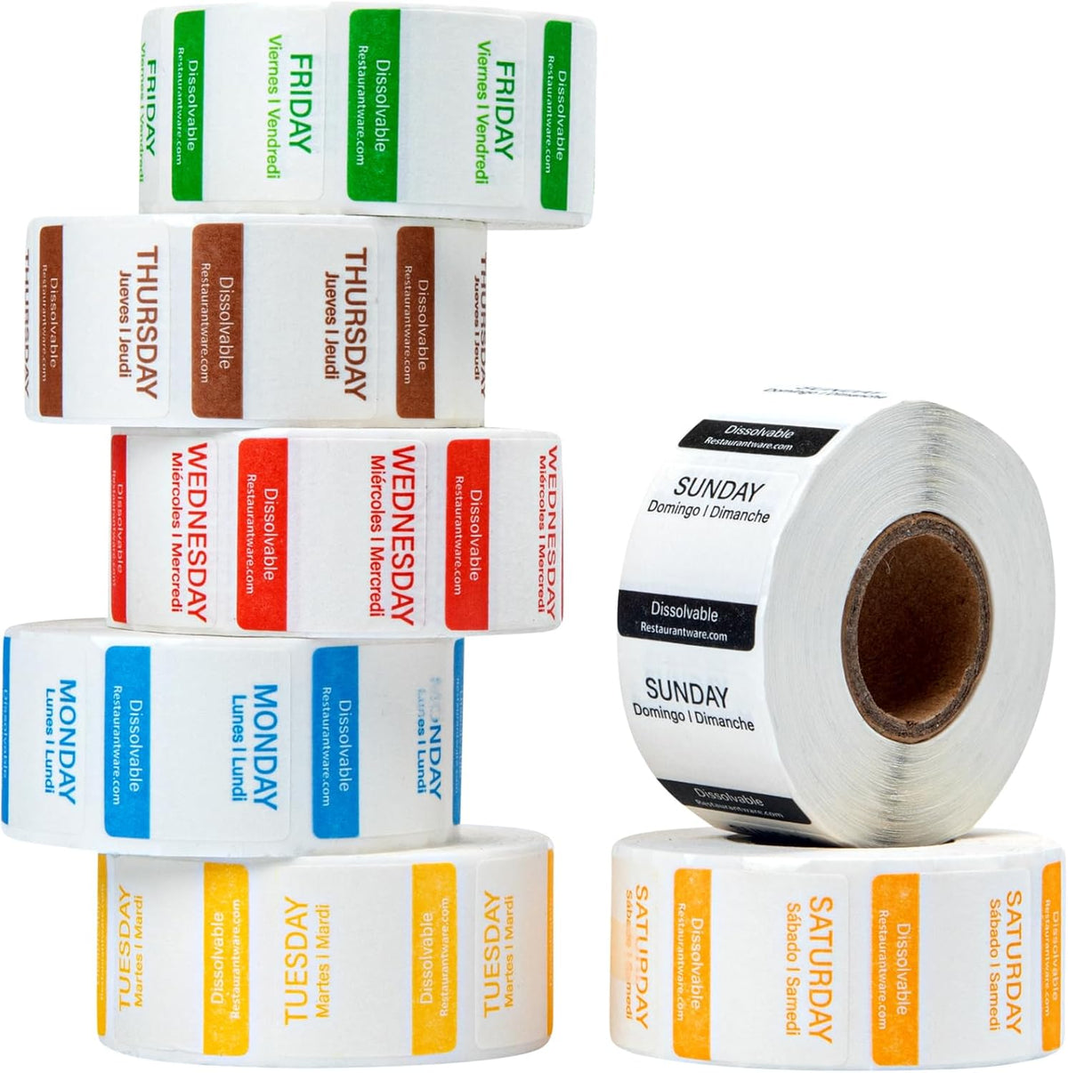 RW Smart 1 Inch x 1 Inch Food Rotation Labels 3500 Dissolvable Food Safety Labels - Premium Trilingual Paper Day Of The Week Labels For Food Storage Or Prep Weekly
