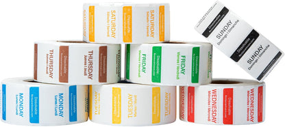 RW Smart 1 Inch x 1 Inch Food Rotation Labels 3500 Dissolvable Food Safety Labels - Premium Trilingual Paper Day Of The Week Labels For Food Storage Or Prep Weekly