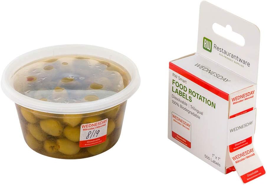 RW Smart 1 Inch x 1 Inch Food Rotation Labels 3500 Dissolvable Food Safety Labels - Premium Trilingual Paper Day Of The Week Labels For Food Storage Or Prep Weekly