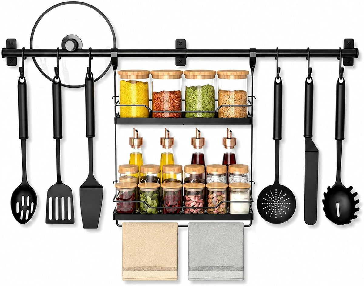 Spice Rack Wall Mount, 2-Tier Kitchen Storage Shelf with Hooks