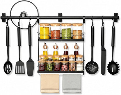 Spice Rack Wall Mount, 2-Tier Kitchen Storage Shelf with Hooks