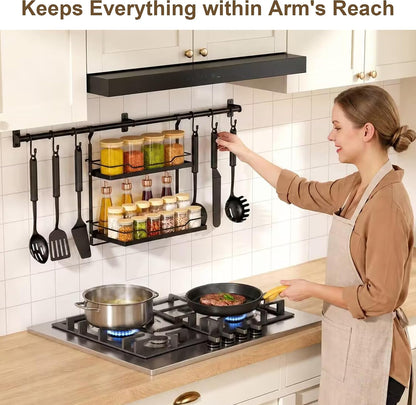 Spice Rack Wall Mount, 2-Tier Kitchen Storage Shelf with Hooks
