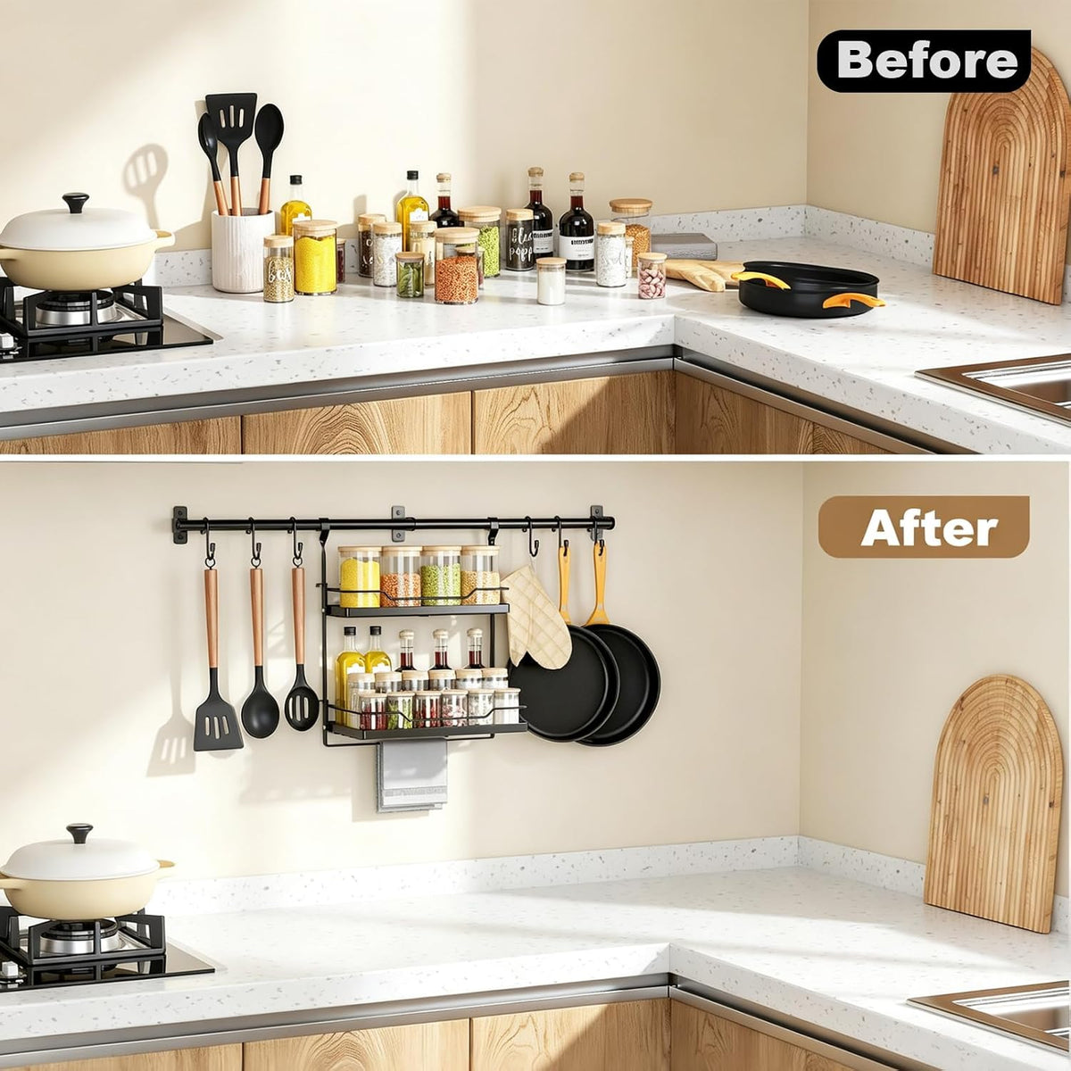 Spice Rack Wall Mount, 2-Tier Kitchen Storage Shelf with Hooks