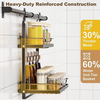 Spice Rack Wall Mount, 2-Tier Kitchen Storage Shelf with Hooks