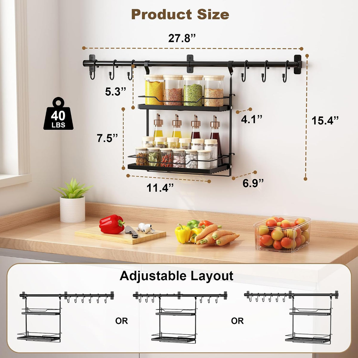 Spice Rack Wall Mount, 2-Tier Kitchen Storage Shelf with Hooks