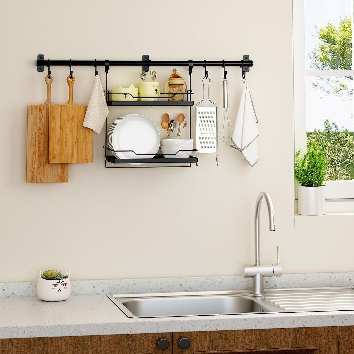 Spice Rack Wall Mount, 2-Tier Kitchen Storage Shelf with Hooks