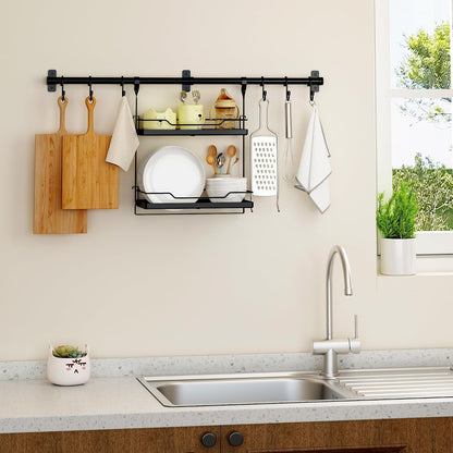 Spice Rack Wall Mount, 2-Tier Kitchen Storage Shelf with Hooks