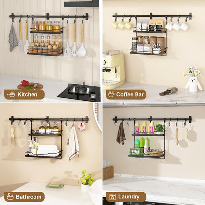 Spice Rack Wall Mount, 2-Tier Kitchen Storage Shelf with Hooks