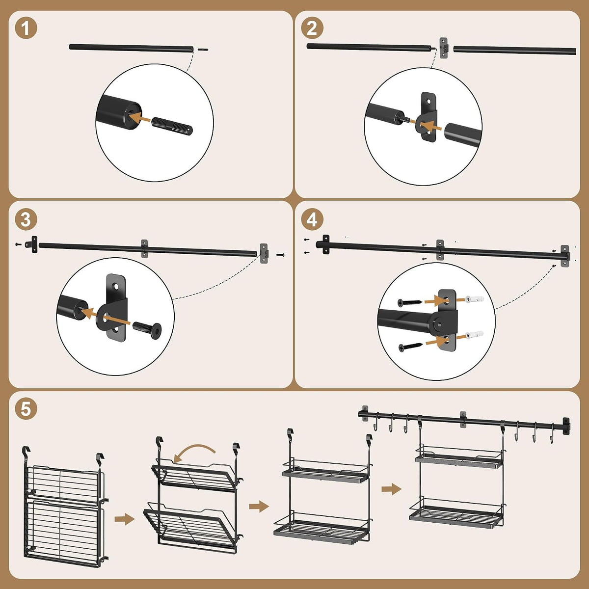 Spice Rack Wall Mount, 2-Tier Kitchen Storage Shelf with Hooks