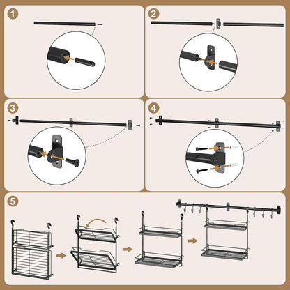 Spice Rack Wall Mount, 2-Tier Kitchen Storage Shelf with Hooks