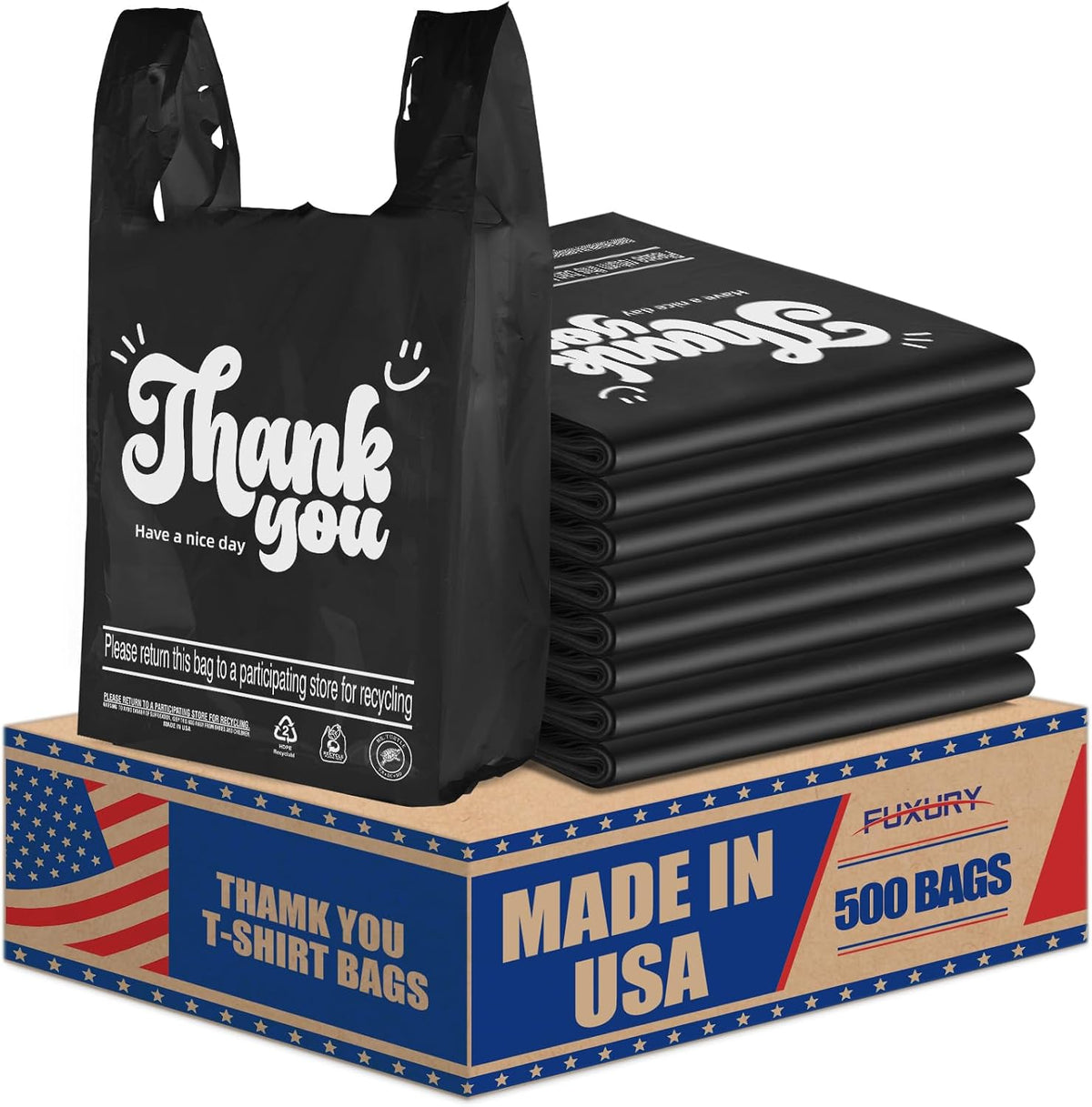 Plastic Bags Thank You Shopping Grocery T-Shirt Bag with Handles | 11.5 x 6.5 x 21" Take Out, To Go, Retail, Restaurants, Store Bags for Small Business in Bulk White (Made in USA)