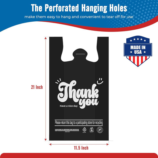 Plastic Bags Thank You Shopping Grocery T-Shirt Bag with Handles | 11.5 x 6.5 x 21" Take Out, To Go, Retail, Restaurants, Store Bags for Small Business in Bulk White (Made in USA)